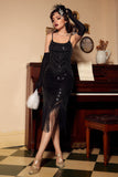 Black Spaghetti Straps Sequined 1920s Dress