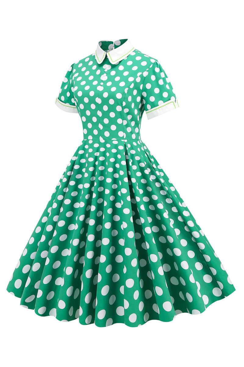 Load image into Gallery viewer, Green White Dot Vintage Dress with Short Sleeves