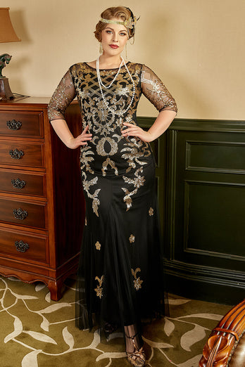 Black Golden Plus Size Sequined 1920s Dress