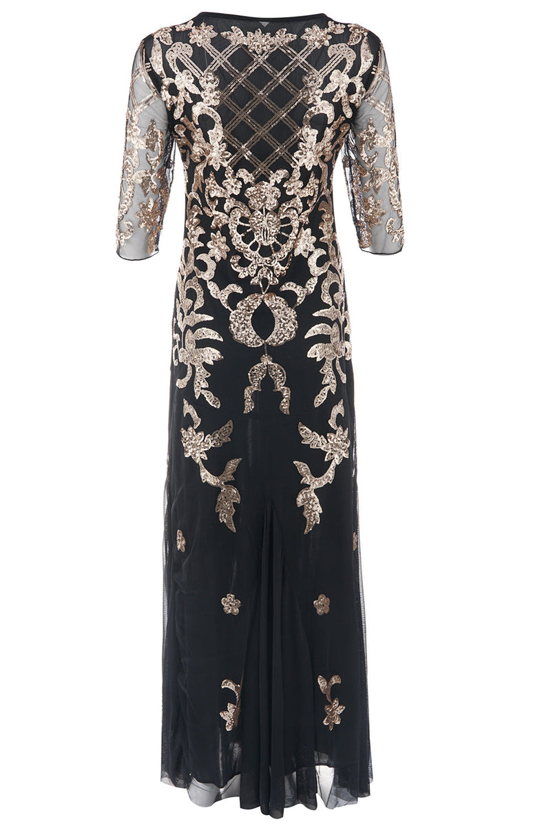 Load image into Gallery viewer, Black Golden Sequins 1920s Dress