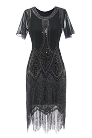 Black Sequined Beaded Fringe 1920s Dress