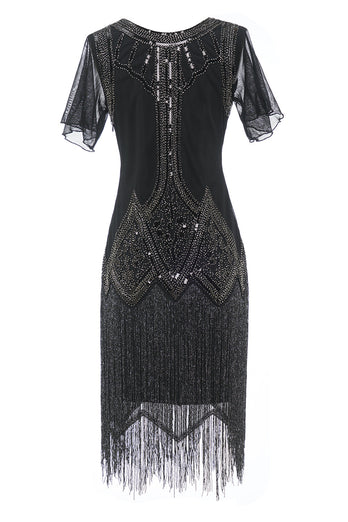 Black Sequined Beaded Fringe 1920s Dress