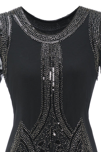 Black Sequined Beaded Fringe 1920s Dress
