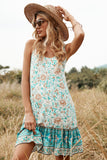 Green Flower Print Summer Boho Dress