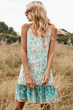 Green Flower Print Summer Boho Dress