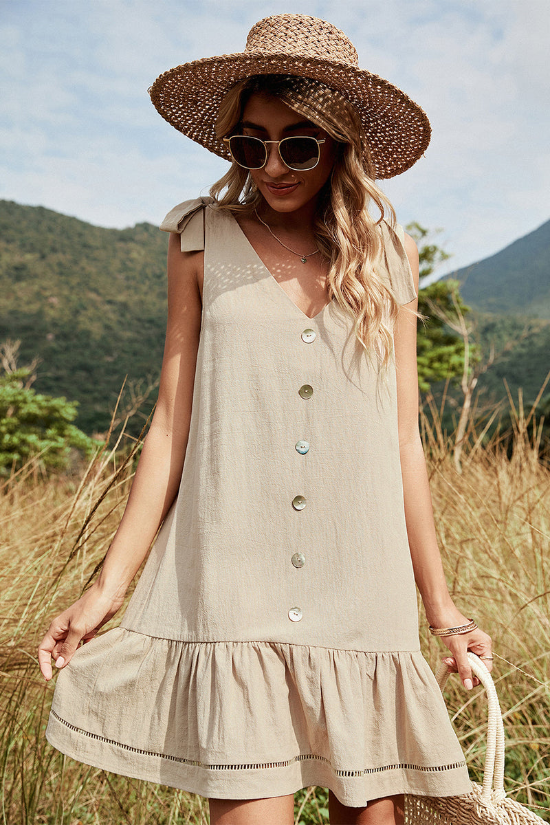 Load image into Gallery viewer, Khaki V-neck Summer Casual Dress