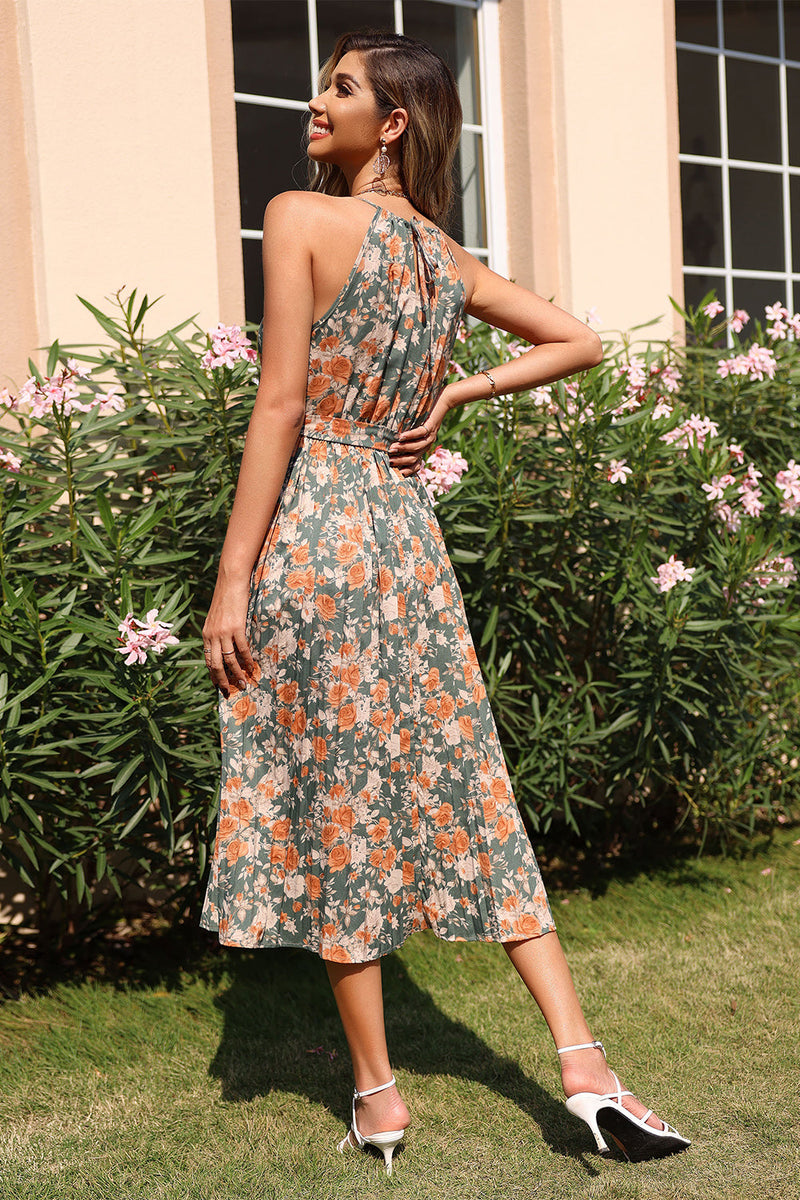 Load image into Gallery viewer, Halter Floral Print Green Summer Dress