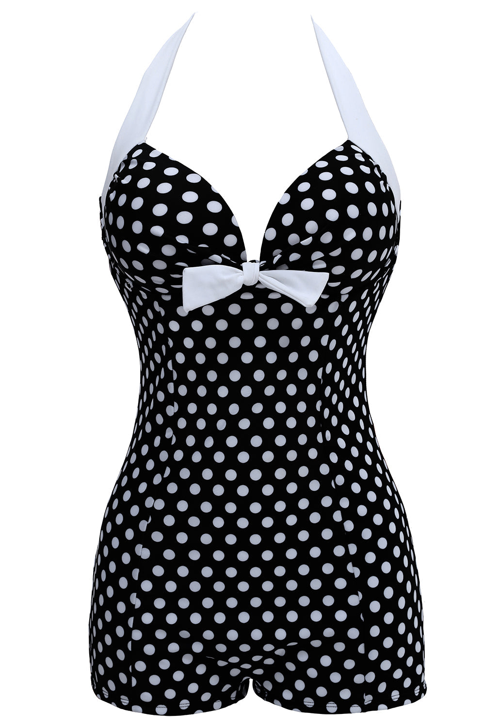 Zapaka Women Plus Size Swimwear Shorts Black and White Halter Polka Dots Swimsuits Black White Dot 2XL