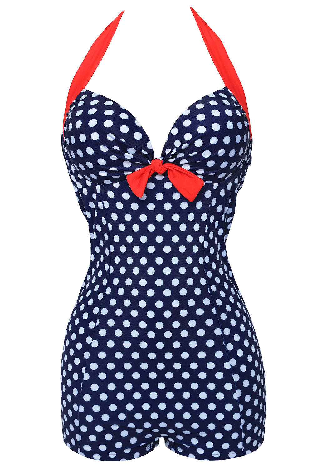 Zapaka Women Plus Size Swimwear Shorts Black and White Halter Polka Dots Swimsuits Navy White Dot L