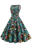 Green Leaves Printed Vintage 1950s Dress