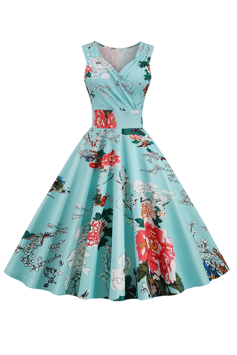 Load image into Gallery viewer, Light Blue V Neck 1950s Vintage Dress