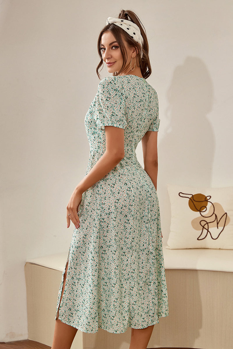 Load image into Gallery viewer, Floral Light Green Vintage Summer Dress with Sleeves