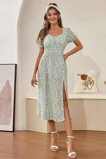 Floral Light Green Vintage Summer Dress with Sleeves