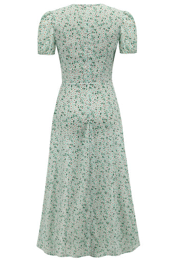 Light Green Floral 1950s Vintage Dress with Sleeves