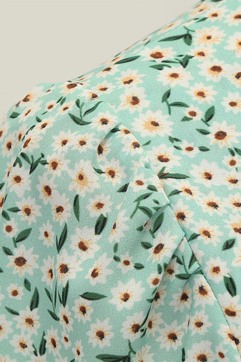 Light Green Floral 1950s Vintage Dress with Sleeves