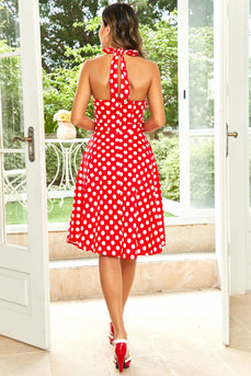 Hepburn Style Halter Neck Red Button Polka Dots 1950s Dress