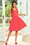 Hepburn Style Halter Neck Red Button Polka Dots 1950s Dress