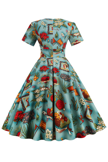 Green Floral Vintage 1950s Dress with Sleeves