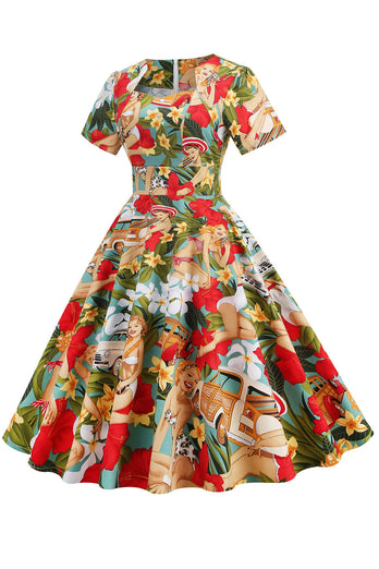 Yellow and Green Floral Vintage 1950s Dress with Sleeves