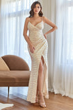 White Mermaid Sequins Prom Dress with Slit
