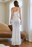 White One Shoulder Sequins Long Prom Dress