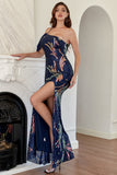 Navy One Shoulder Sequins Prom Dress with Slit