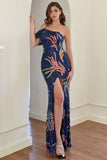 Navy One Shoulder Sequins Prom Dress with Slit