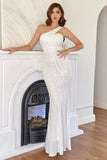 White One Shoulder Sequins Mermaid Prom Dress