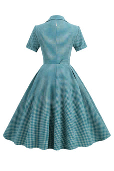 Vintage V Neck Blue Plaid 1950s Dress