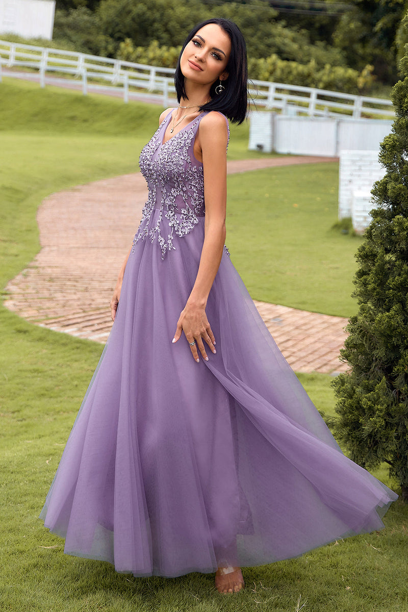 Load image into Gallery viewer, A Line V Neck Purple Long Prom Dress with Appliques