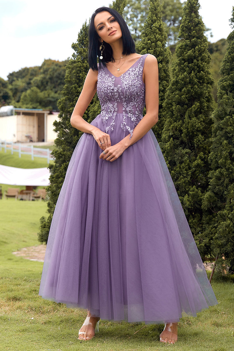 Load image into Gallery viewer, A Line V Neck Purple Long Prom Dress with Appliques
