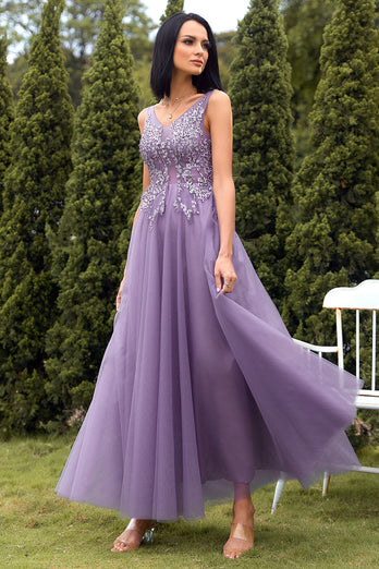 A Line V Neck Purple Long Prom Dress with Appliques