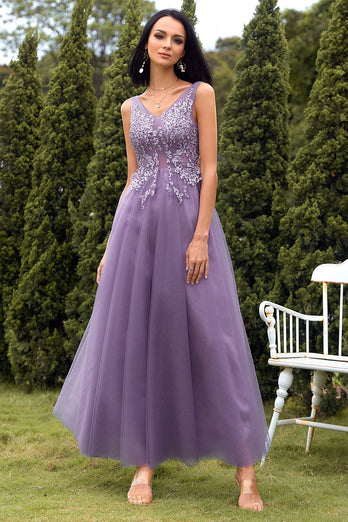 A Line V Neck Purple Long Prom Dress with Appliques