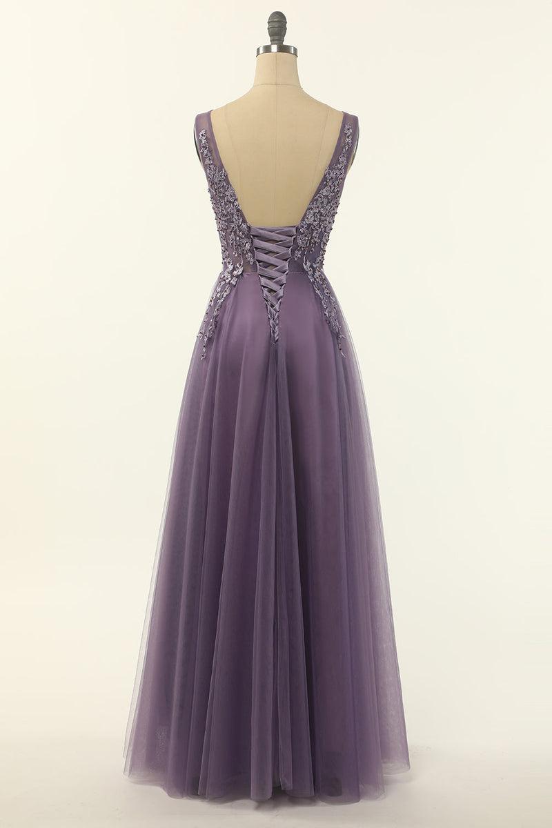 Load image into Gallery viewer, Tulle Purple A-line Prom Dress