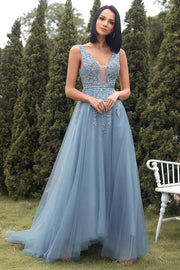 A-line Long Blue Prom Dress with Appliques