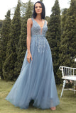 A-line Long Blue Prom Dress with Appliques