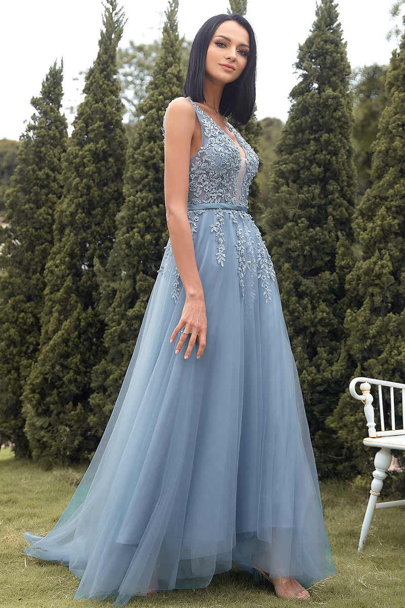 Light Blue Tulle Off Shoulder Long Prom Dresses With Lace Appliques –  Pgmdress