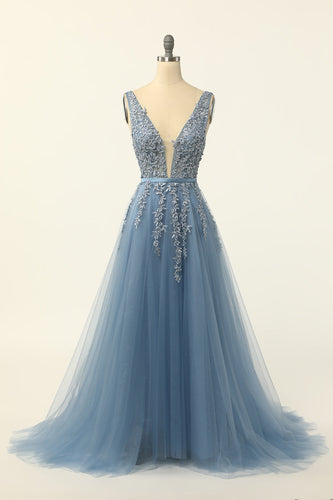 Blue Tulle Prom Dress with Appliques