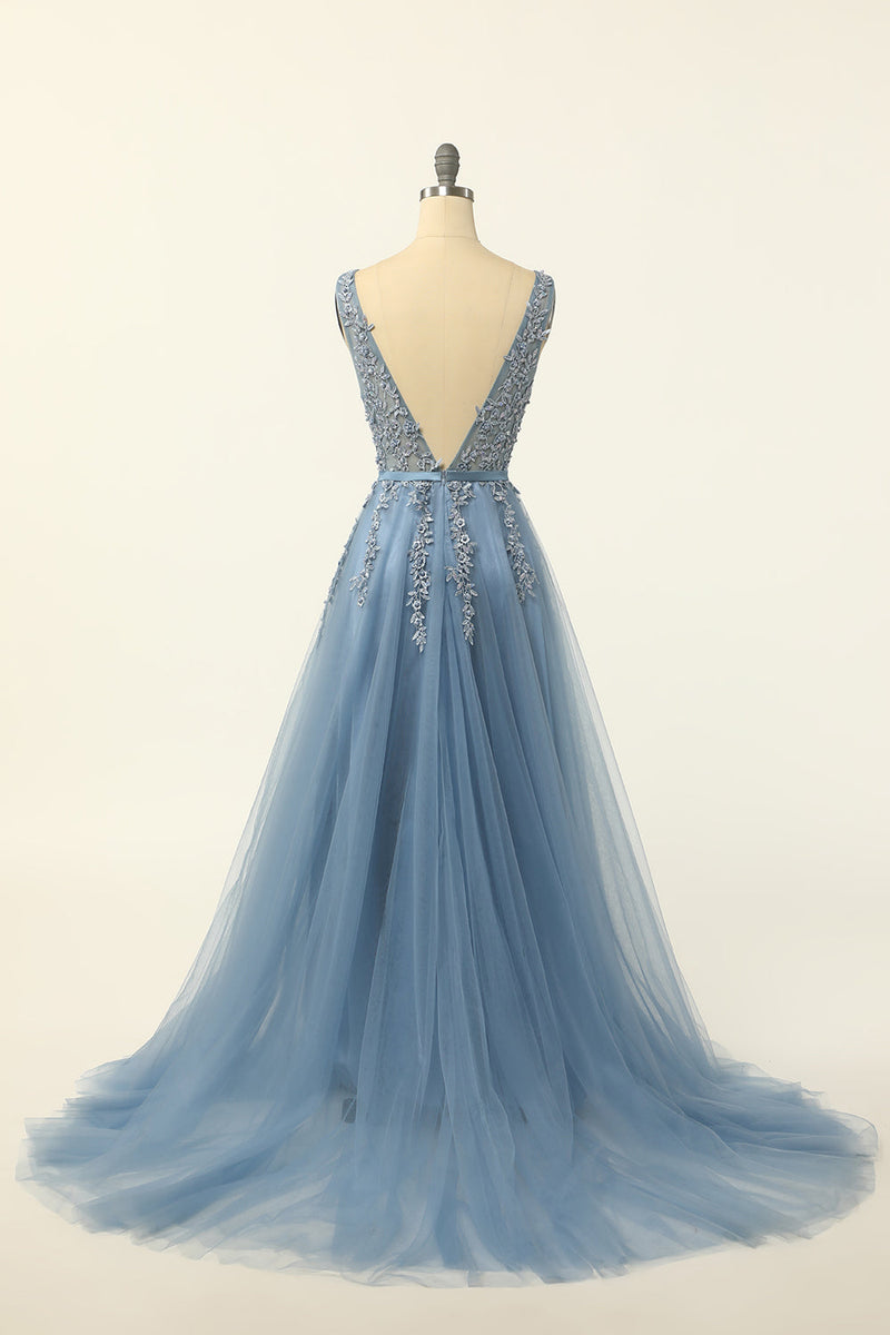Load image into Gallery viewer, Blue Tulle Prom Dress with Appliques