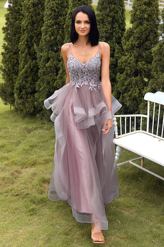 A Line Spaghetti Straps Purple Grey Long Prom Dress with Appliques