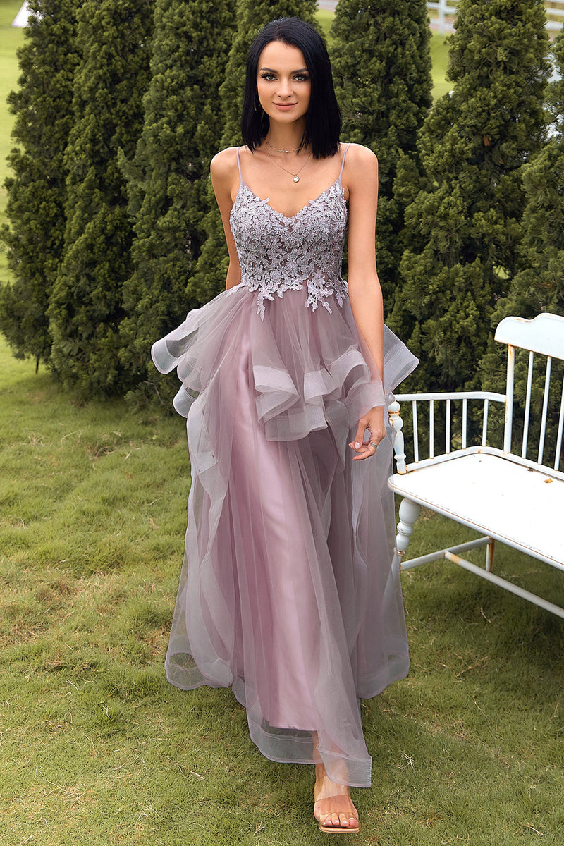 Load image into Gallery viewer, A Line Spaghetti Straps Purple Grey Long Prom Dress with Appliques