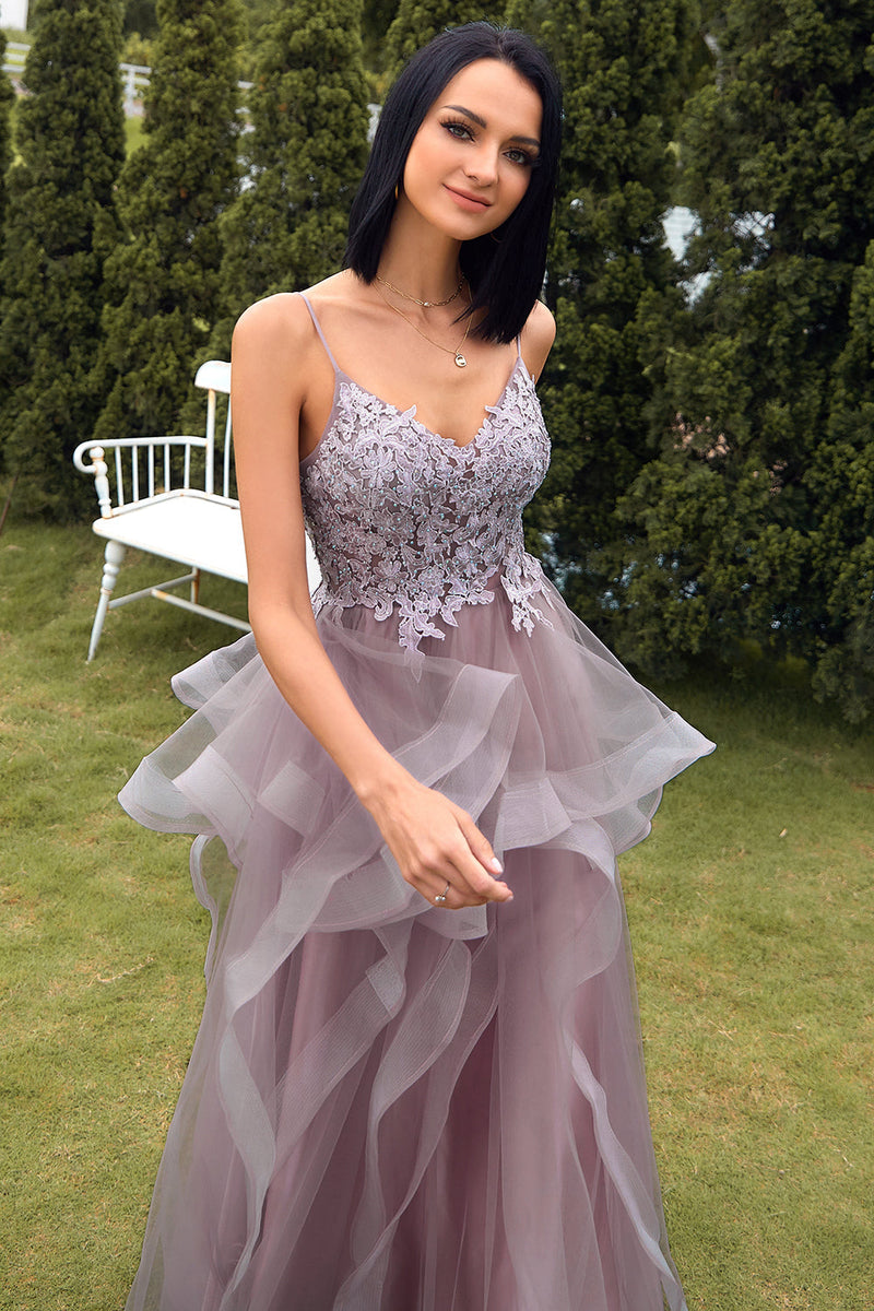 Load image into Gallery viewer, A Line Spaghetti Straps Purple Grey Long Prom Dress with Appliques