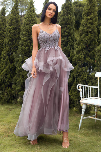 A Line Spaghetti Straps Purple Grey Long Prom Dress with Appliques