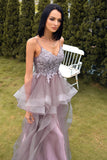 A Line Spaghetti Straps Purple Grey Long Prom Dress with Appliques