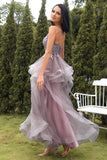 A Line Spaghetti Straps Purple Grey Long Prom Dress with Appliques