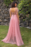 A Line V Neck Blush Long Prom Dress with Appliques