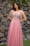 A Line V Neck Blush Long Prom Dress with Appliques