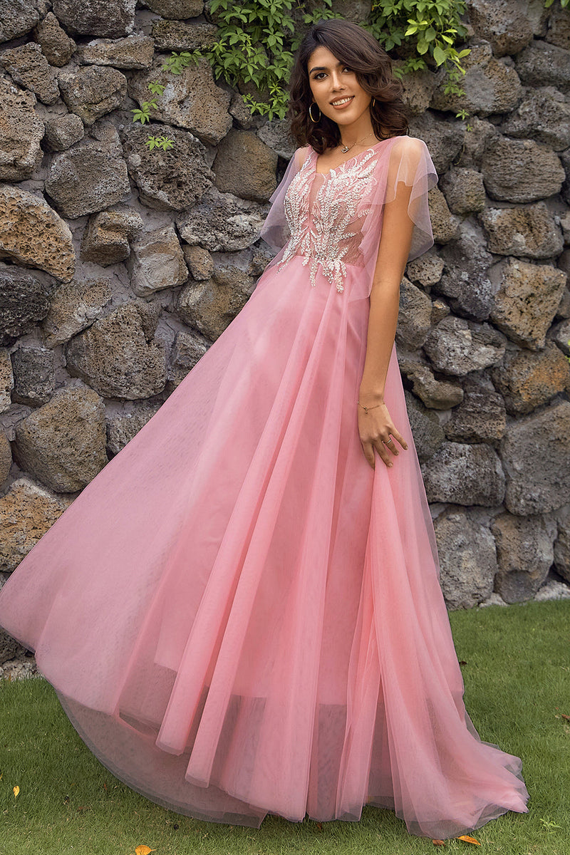 Load image into Gallery viewer, A Line V Neck Blush Long Prom Dress with Appliques