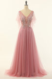 Blush Beading Tulle A-line Prom Dress