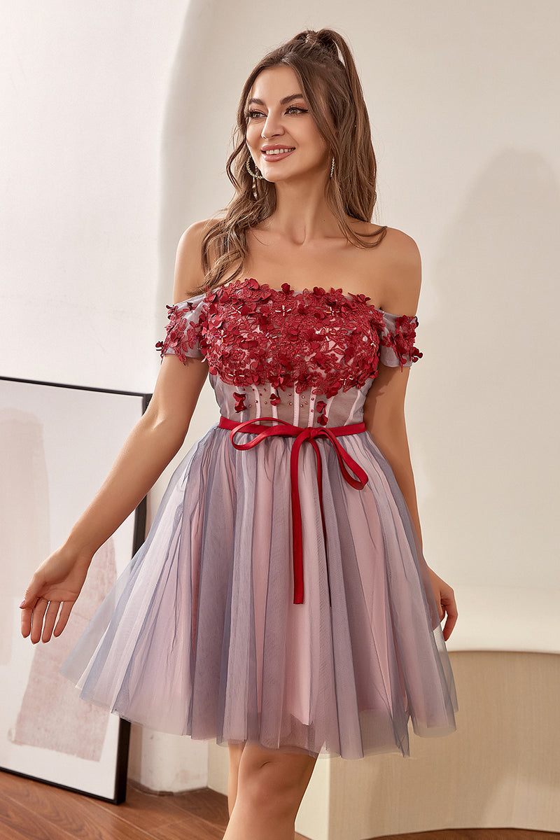 Load image into Gallery viewer, Burgundy Off the Shoulder Graduation Dress with Appliques